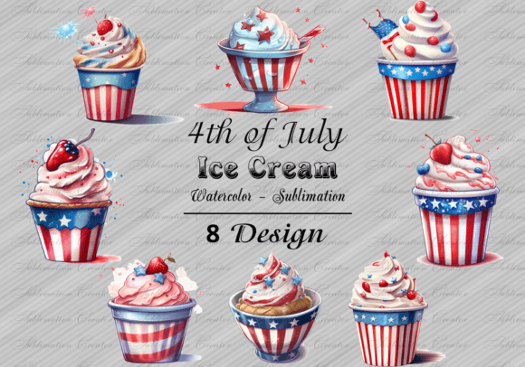 4th of July Ice Cream Cup Watercolor PNG Graphics