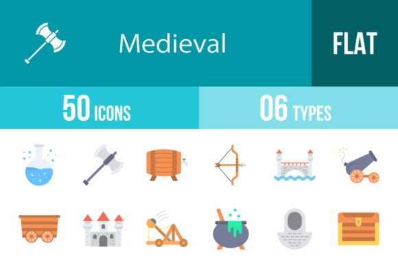 50 Medieval Flat Multicolor Icons Graphics